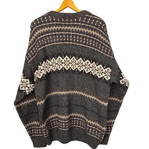 Vintage Wool Blend Grandpa Sweater Gray Fair-isle Knit Cabincore Nordic Chunky - Picture 6 of 9